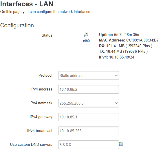 Whatsminer Interfaces - LAN: Static address protocol with IPv4 address, netmask, gateway, broadcast and custom DNS