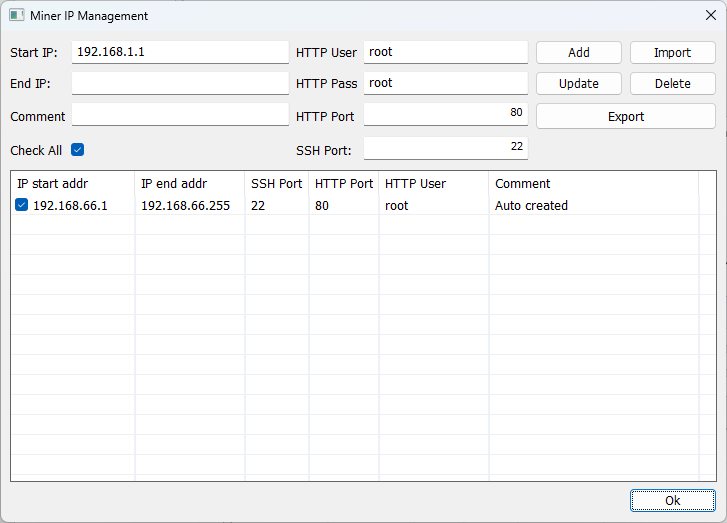 Installer Miner IP Management: range 192.168.66.1-192.168.66.255, HTTP user root, HTTP port 80, SSH port 22, Ok