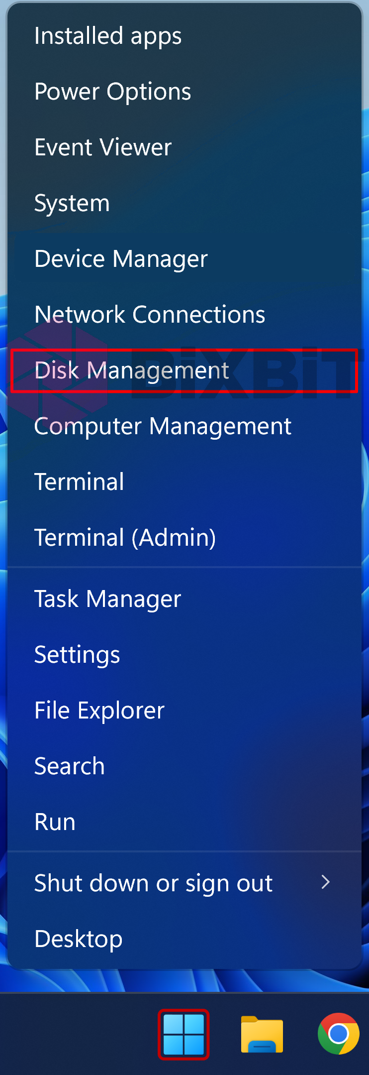 Windows 11 Start button right-click menu with Disk Management highlighted