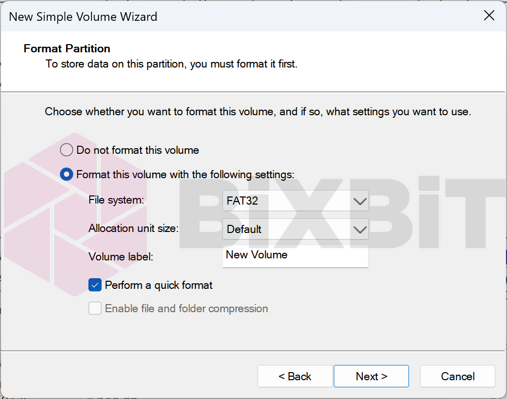 New Simple Volume Wizard, Format Partition: FAT32, default allocation unit size, Perform a quick format checked