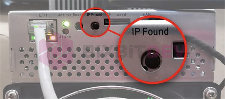 Whatsminer control board panel: the IP Found button highlighted next to the ETH port and status LEDs