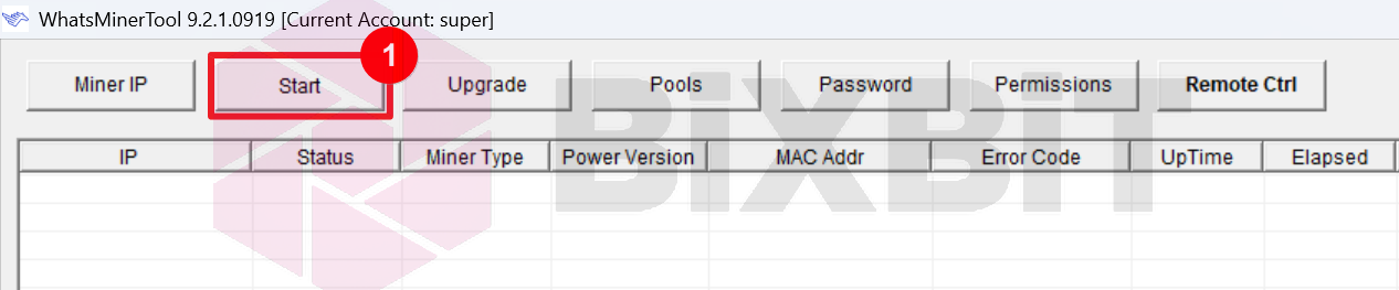WhatsMinerTool main window: the Start button (1) that launches the network scan for Whatsminer devices