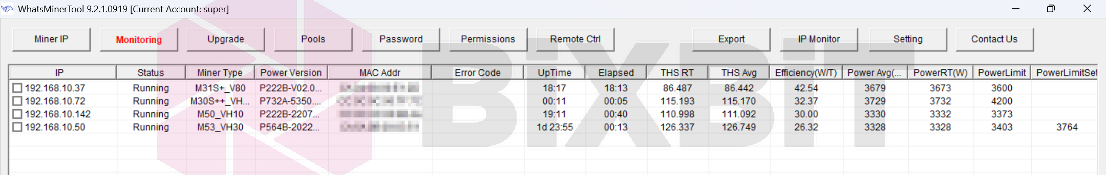 WhatsMinerTool in Monitoring mode: found Whatsminer miners with IP, Running status, model, hashrate and power columns