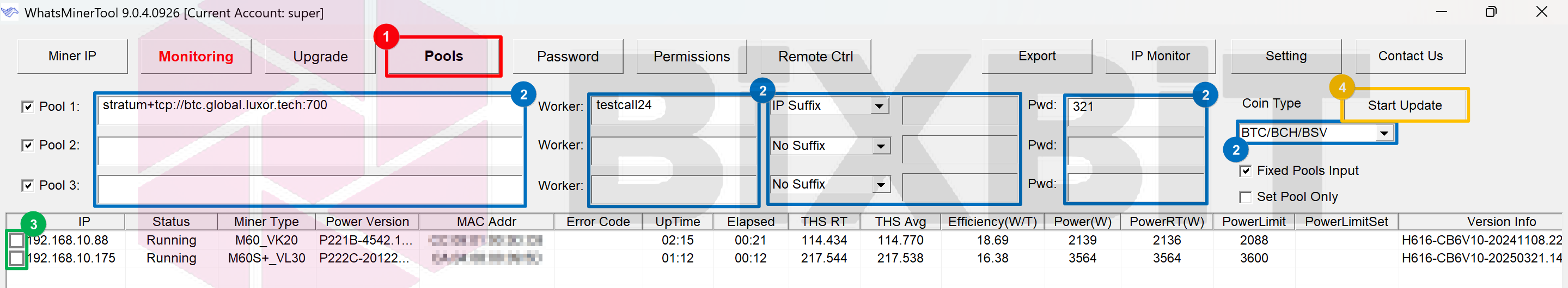 WhatsMinerTool Pools form: pool, worker, suffix and password fields