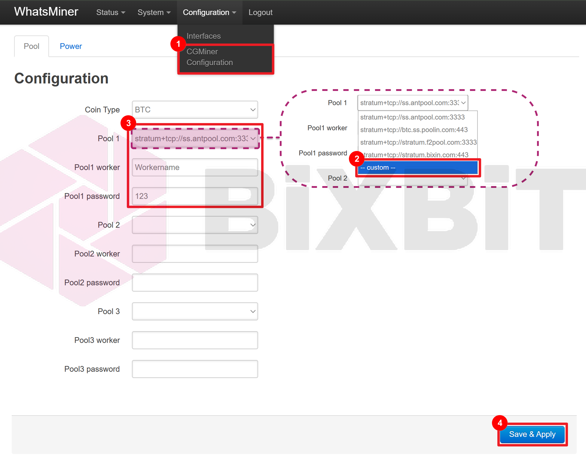 Whatsminer web UI: CGMiner Configuration menu