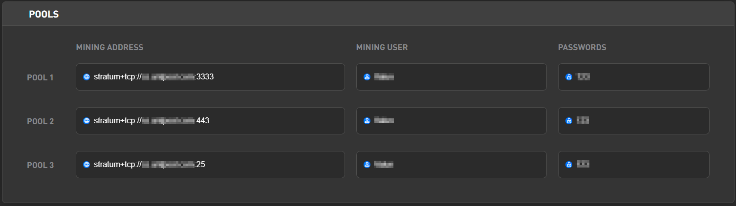 POOLS block on the Antminer Setup tab: Mining Address, Mining User and Passwords fields for Pool