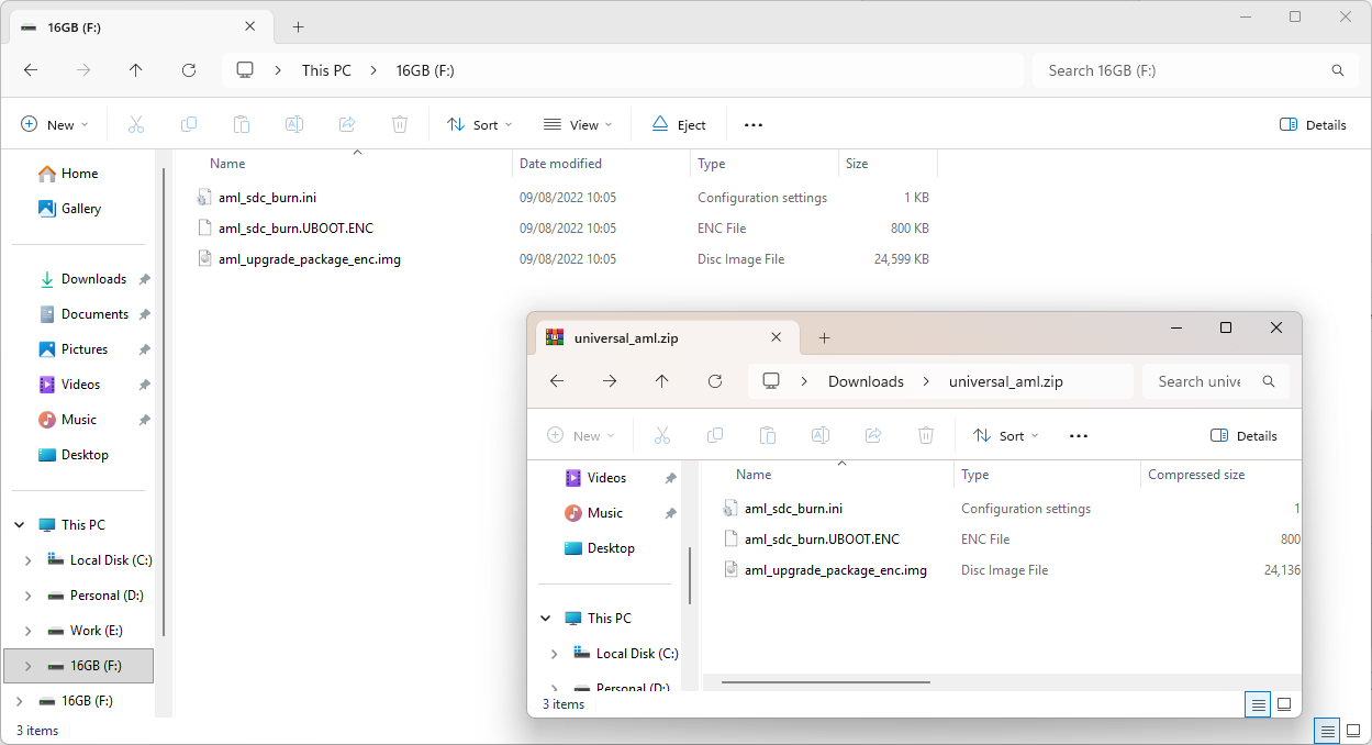 universal_aml.zip files copied to the flash drive root: aml_sdc_burn.ini, aml_sdc_burn.UBOOT.ENC, aml_upgrade_package_enc.img