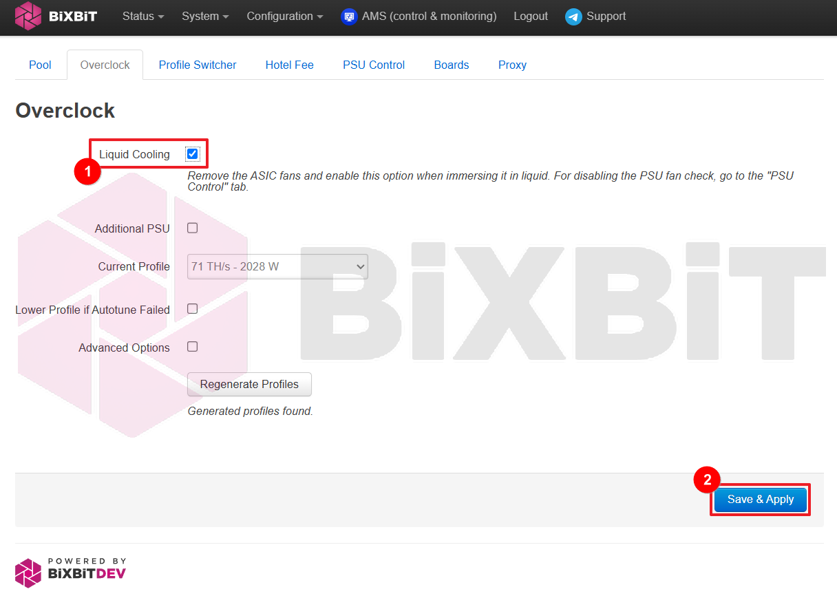 BiXBiT firmware on Whatsminer, Overclock tab: enable the Liquid Cooling checkbox