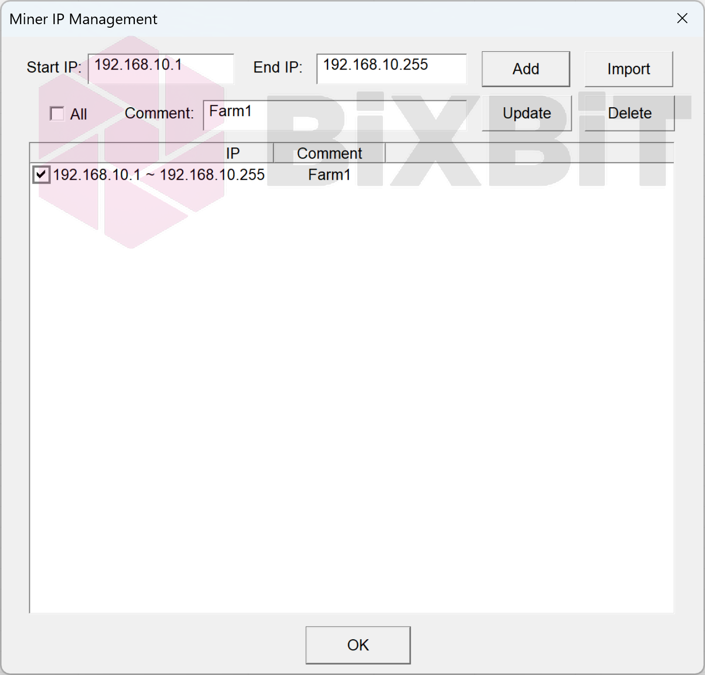 AirToLiquid Miner IP Management: scan range 192.168.10.1-192.168.10.255 (comment Farm1) added and selected