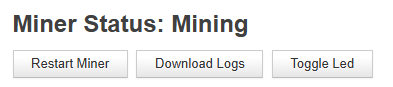 Whatsminer Miner Status: Mining, with the Restart Miner, Download Logs and Toggle Led buttons