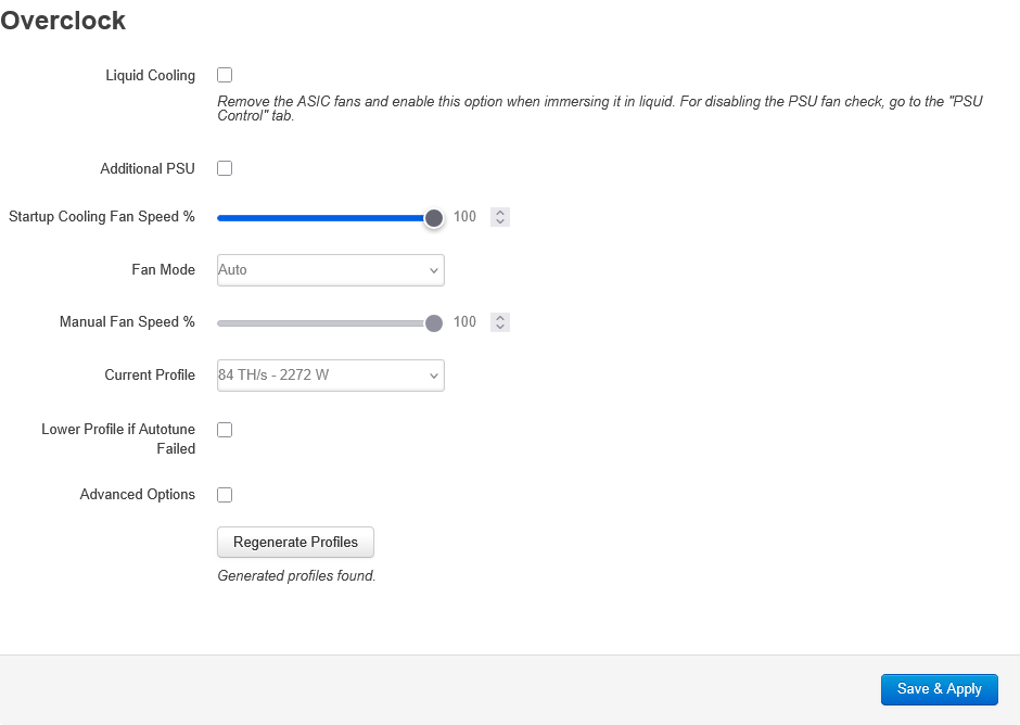 Whatsminer Overclock tab: Liquid Cooling, Additional PSU, fan speed and mode, current profile, Advanced Options
