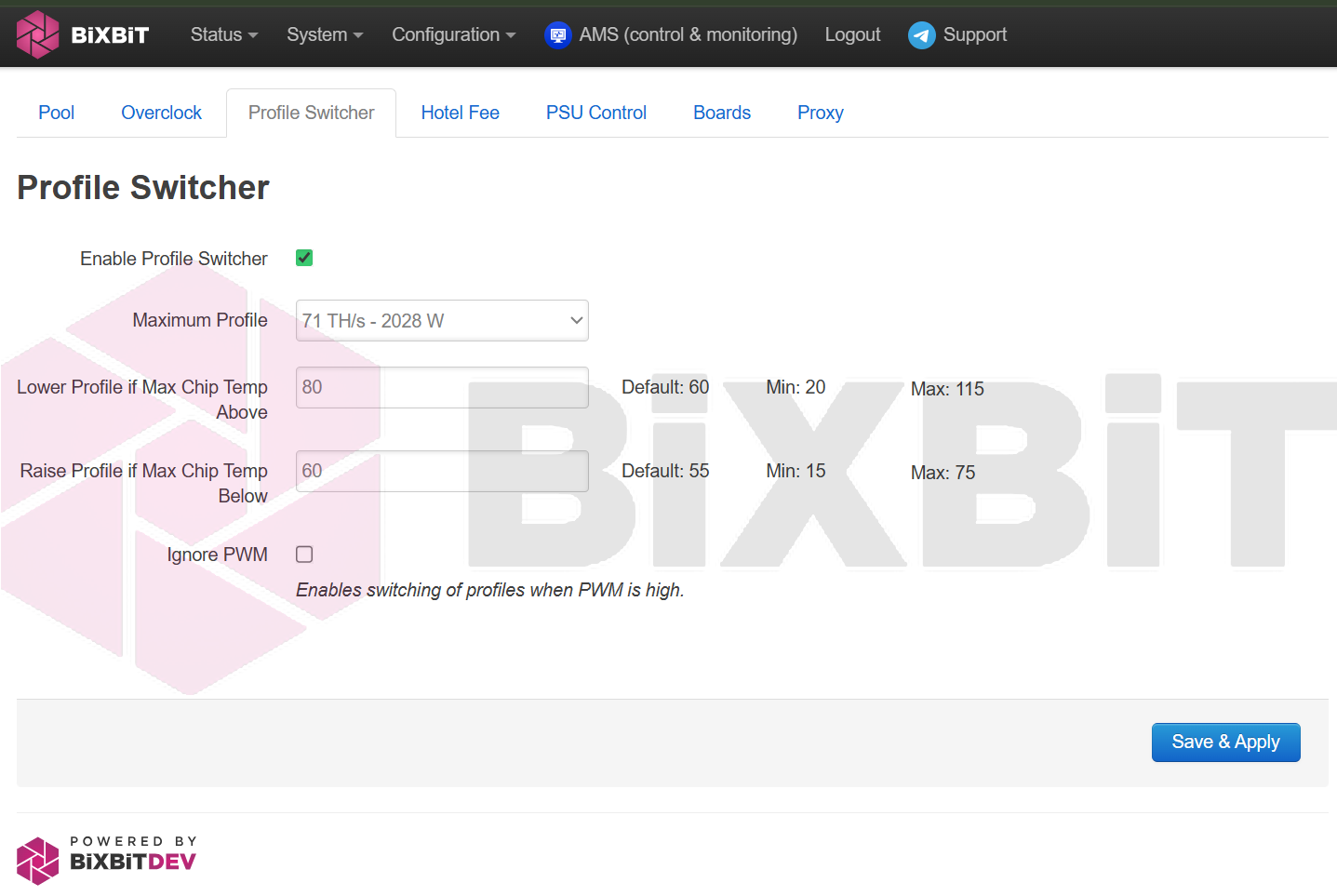 Whatsminer Profile Switcher tab: enable, maximum profile, max chip temp thresholds to lower/raise profile, Ignore PWM