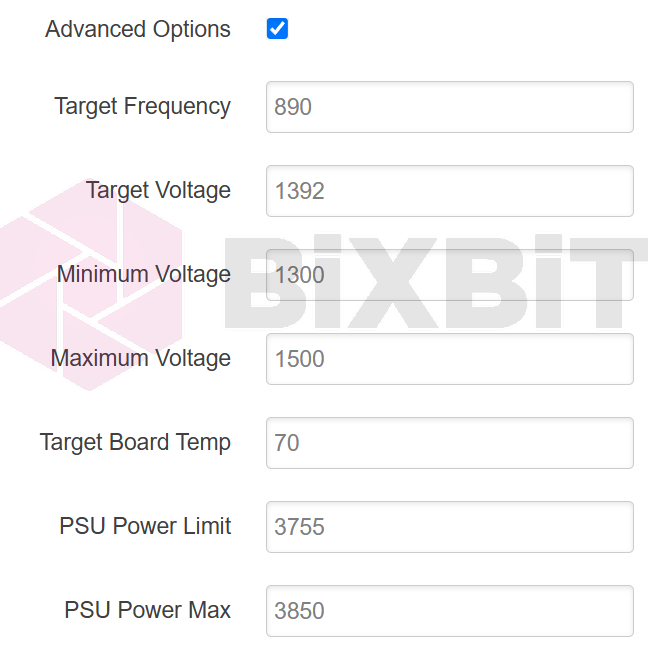 Whatsminer Advanced Options with the M32 example values: Target Frequency 890, Target Voltage 1392, PSU Power Limit 3755