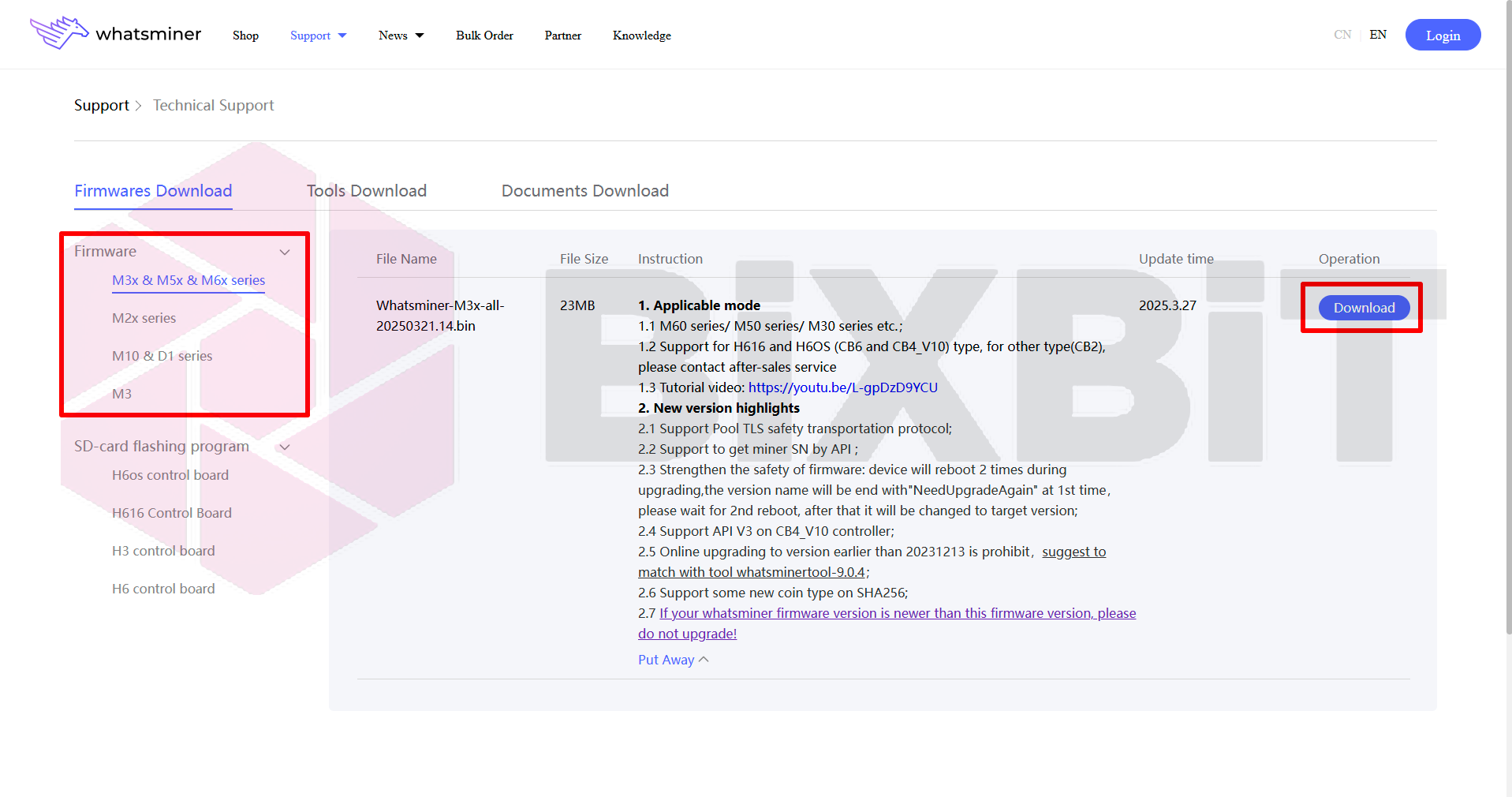 Whatsminer support site, Firmwares Download: M3x & M5x & M6x series selected, Download button for the .bin firmware file