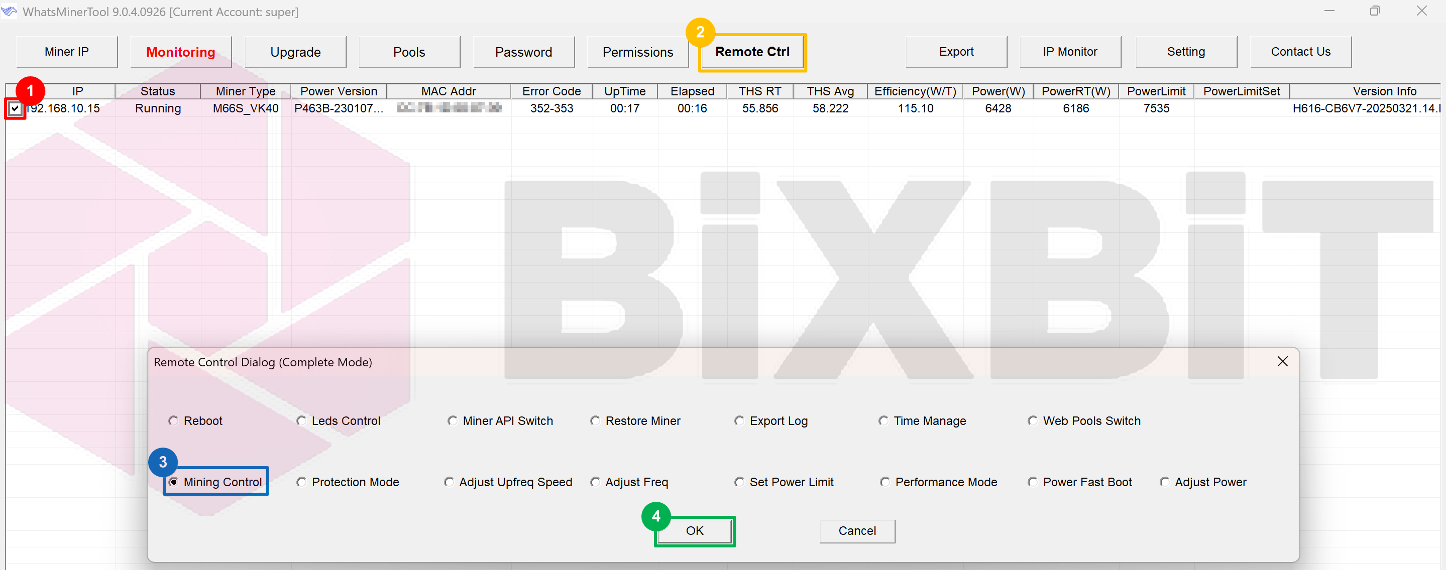WhatsMinerTool: miner ticked, Remote Ctrl opens the Remote Control Dialog with Export Log among the options