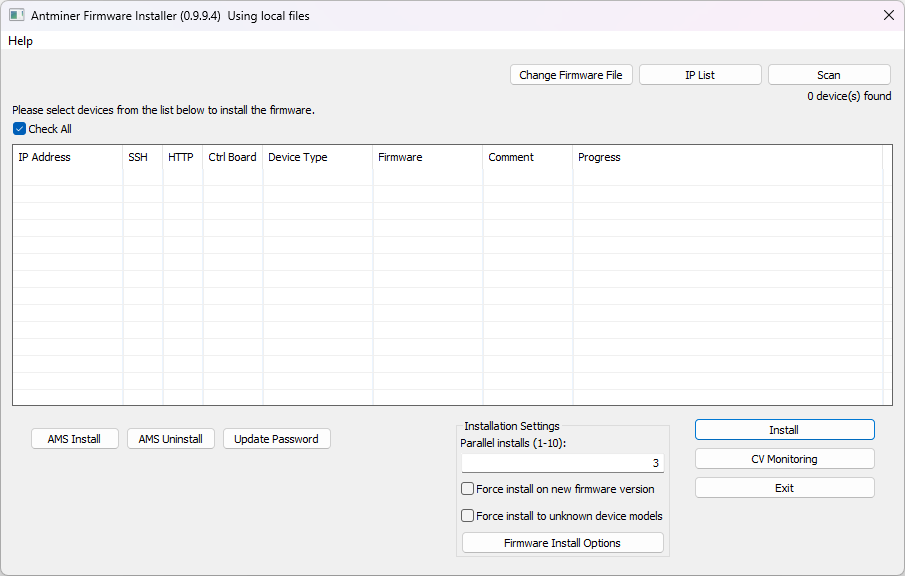 Antminer Firmware Installer main window with local files: IP List, Scan, device list, Installation Settings, Install