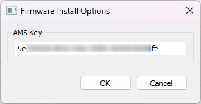Firmware Install Options dialog with the AMS Key field for adding miners to AMS during installation
