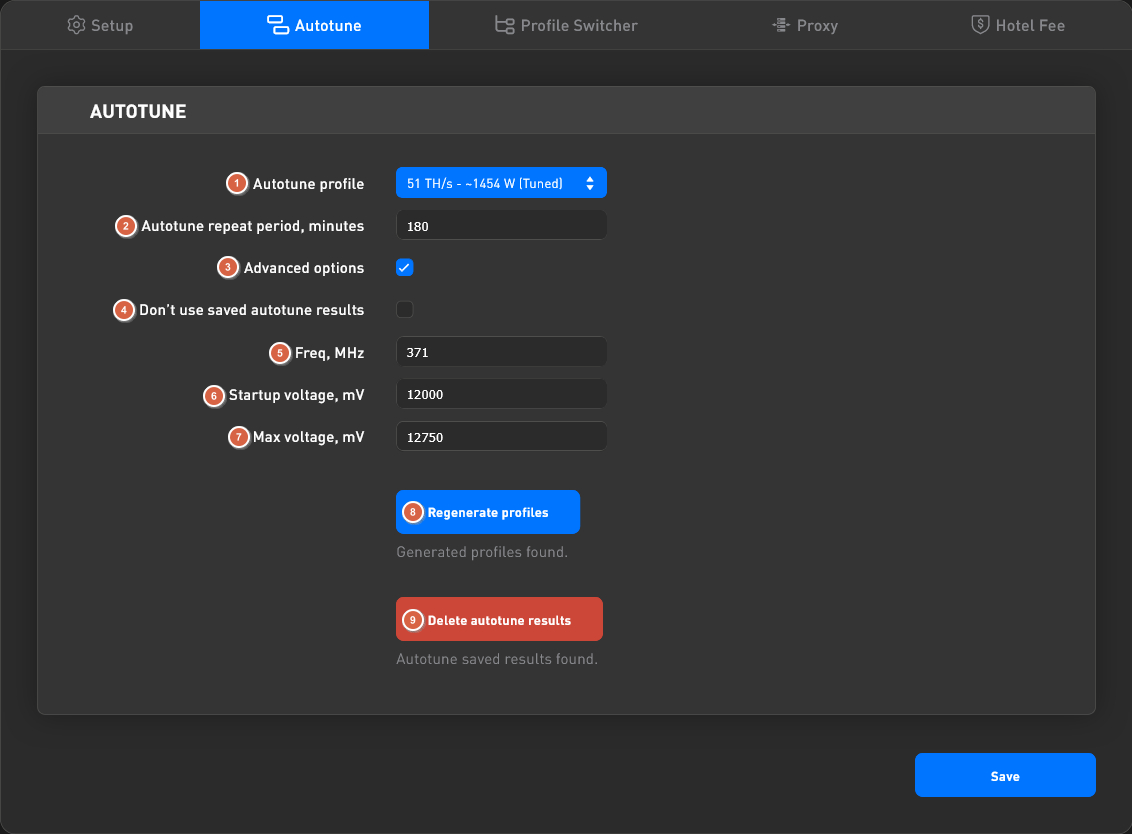 BiXBiT Antminer Autotune tab: profile, repeat period, advanced options, Freq MHz, voltages, regenerate and delete buttons