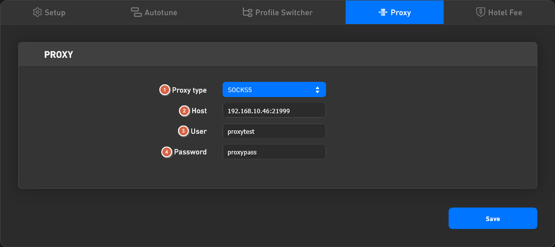 Antminer Proxy tab in BiXBiT firmware: proxy type SOCKS5, host with port, user and password fields
