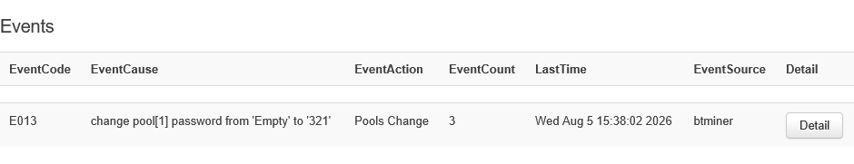 Whatsminer Events table: E013 pool password change, Pools Change action, count, last time, source btminer