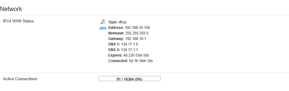 Whatsminer Overview, Network: IPv4 WAN status via DHCP with address, netmask, gateway, DNS and active connections