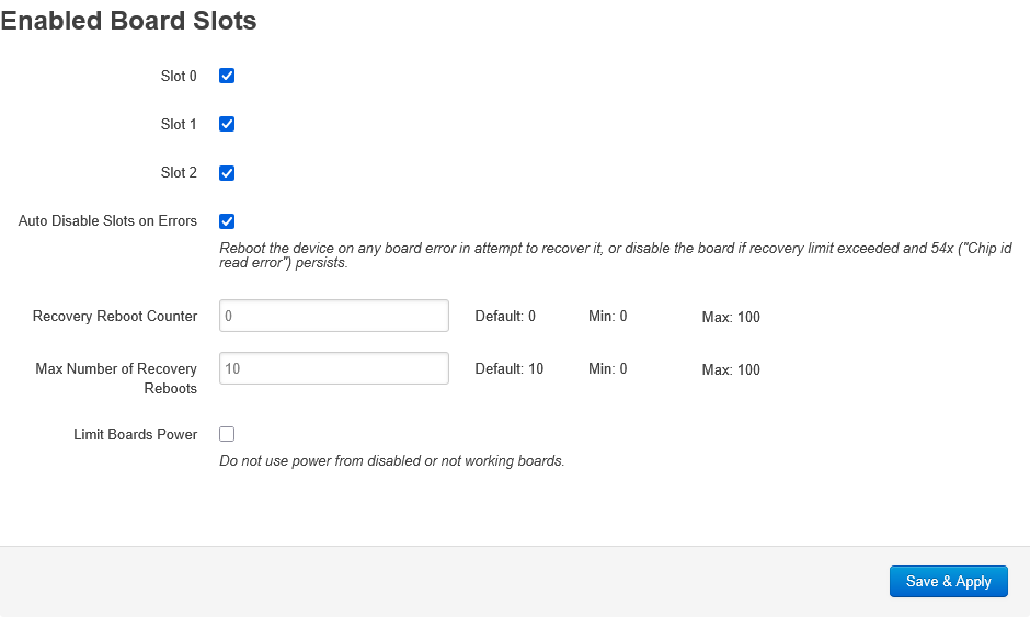 Whatsminer Boards tab: slots 0–2 enabled, Auto Disable Slots on Errors, recovery reboot settings, Limit Boards Power