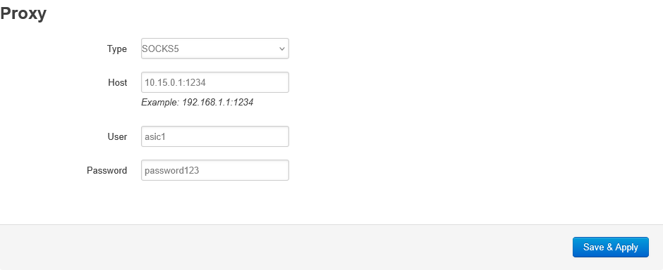 Whatsminer Proxy tab in BiXBiT firmware: type SOCKS5, host with port, user and password fields